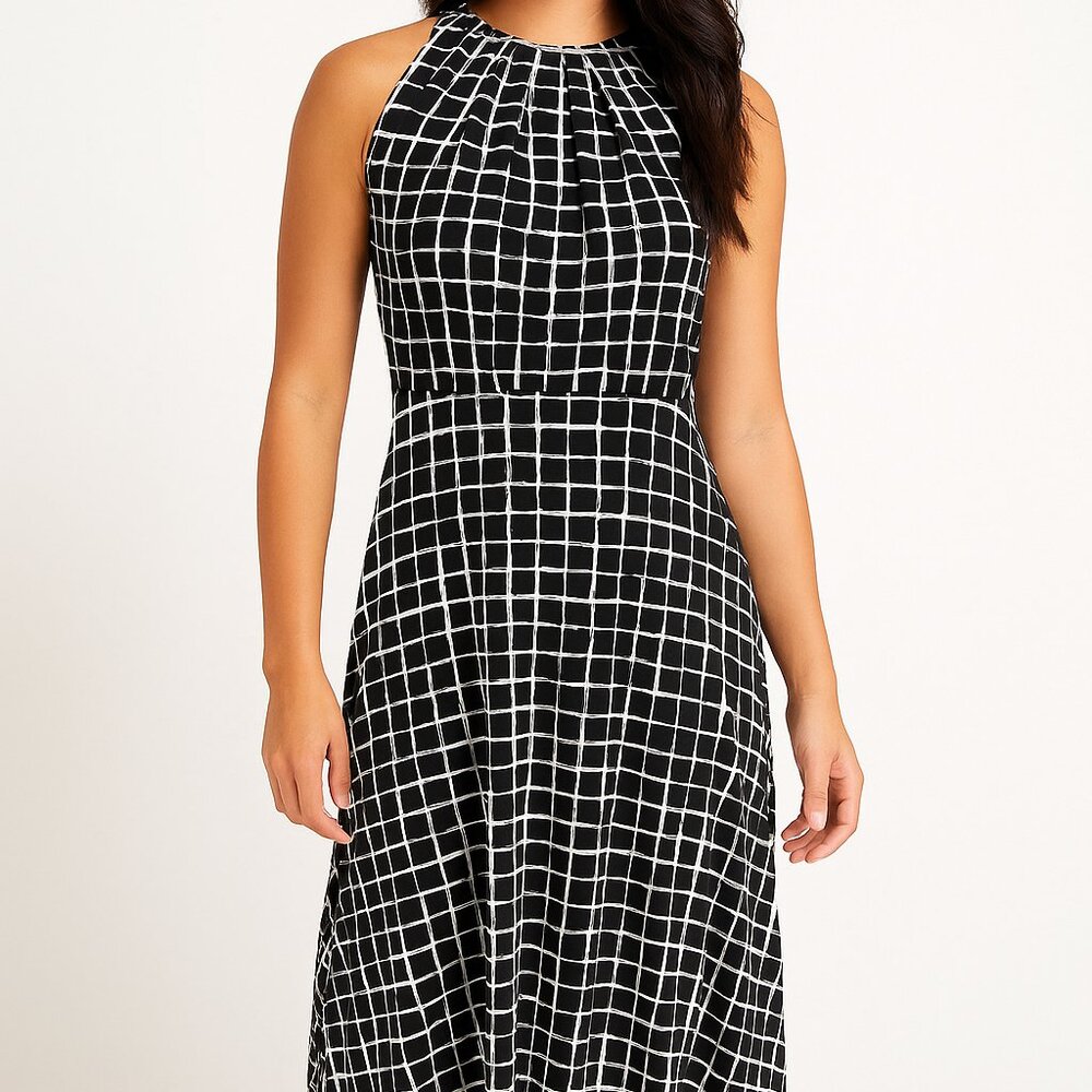 Elle Dress A-Line Black and White Classic Midi Sz 6 Workwear Professional Modest